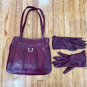 Lou Taylor 1970's Vintage Burgundy Purse with Leather Gloves & Built-In Mirror